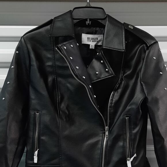 BB Dakota Steve Madden Womens Faux Leather Biker Moto Jacket XS Black Pearl Stud - Picture 4 of 10